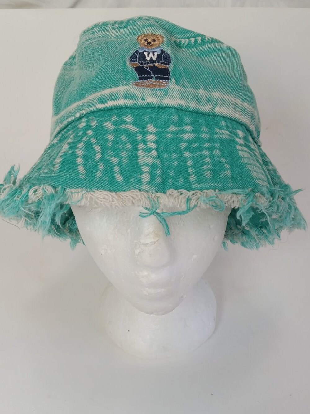 Embroidered Teddy Bear Vintage Bucket Hat Distressed Teal Blue Grunge Indie